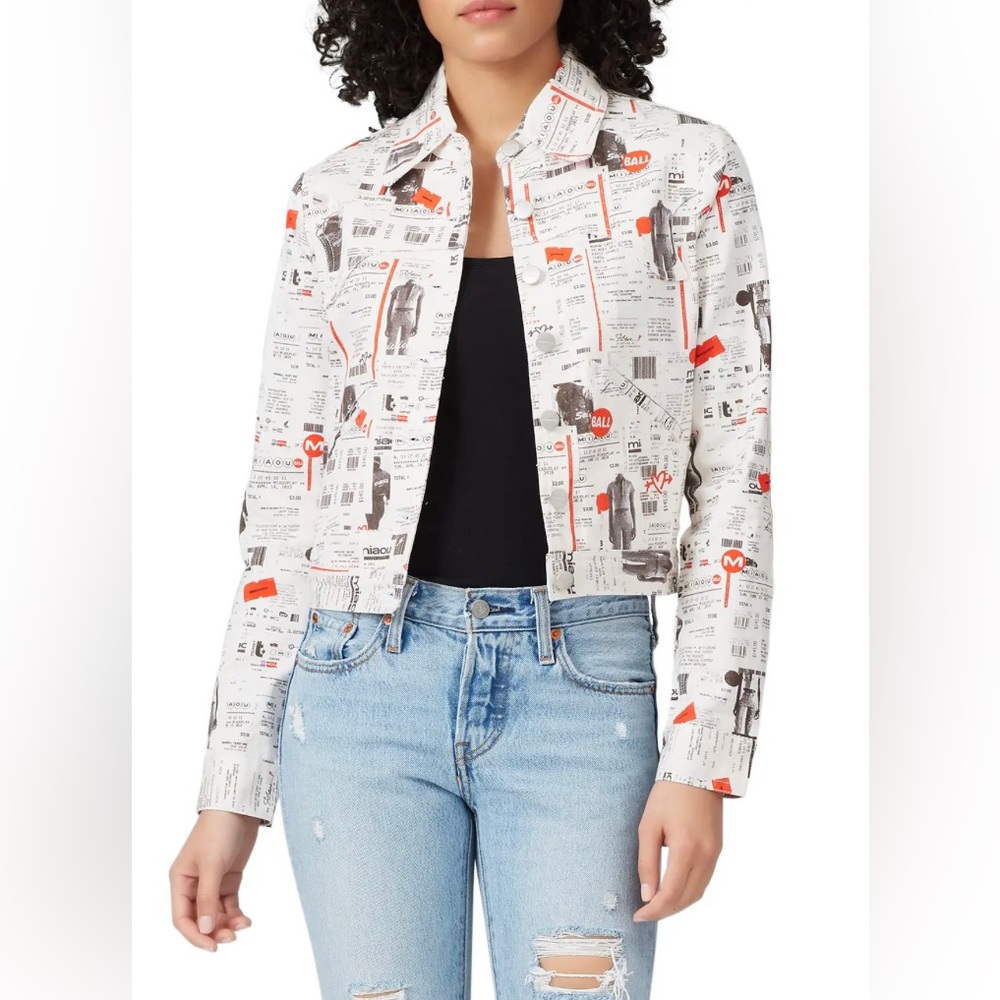 MIAOU Lex lotto lottery newspaper white printed denim jacket coat sz small NWOT